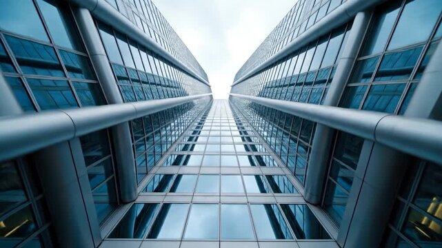 Low angle view of modern glass skyscrapers reaching towards the sky in a corporate business district