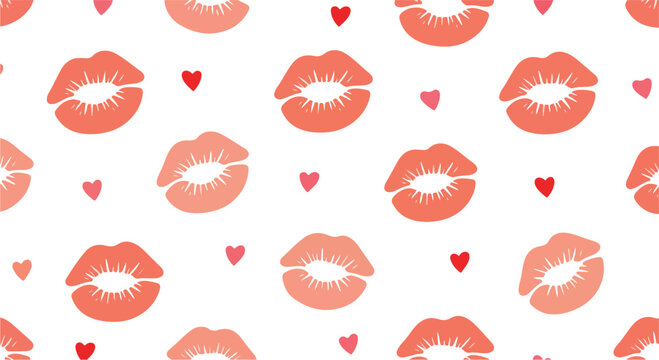 Playful Valentine's Day pattern with red lips and hearts on white background