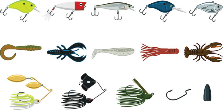 Fishing Lures and Tackle Equipment Collection with Artificial Baits Soft Plastics Hooks Jigs and Angling Accessories for Sport Fishing