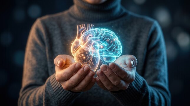 Glowing fusion of heart and brain held in hands symbolizing balance between emotion and rational thinking.