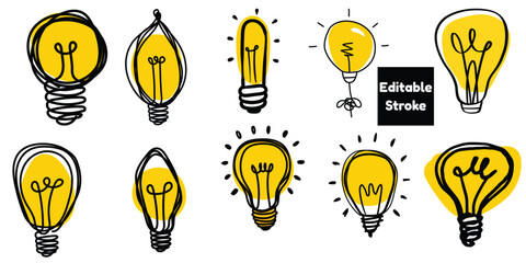Abstract Scribble Continuous Line Light Bulb Idea Doodle Vector Set - Editable Stroke. © Emran Graphics