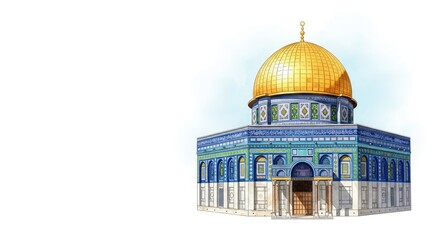 Obraz premium A beautiful watercolor illustration of a historic octagonal sanctuary featuring a radiant golden dome and intricate blue mosaic patterns, exterior, holy, octagonal