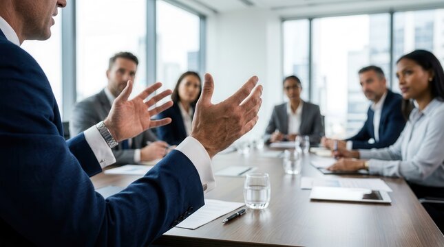 A business leader gestures during a coaching session with an executive team in a boardroom.