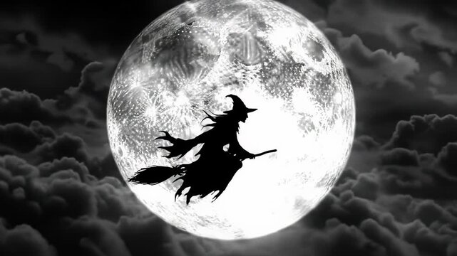 A terrifying ancient witch silhouette with pointed hat and tattered cloak glides across an ominous Halloween night sky with a colossal glowing moon. Macabre atmosphere