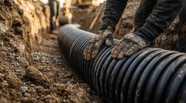 Worker installing a corrugated drainage pipe in a dirt trench for surface water control.