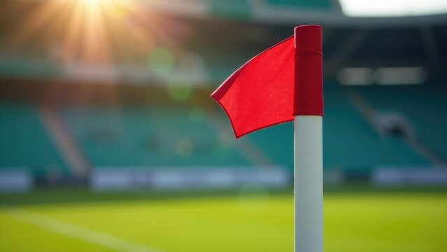 A red and white flag waving on a lush green grassy area, great for patriotic or sporting events