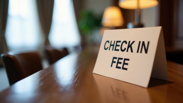 A check in fee sign placed on top of a wooden table, ready for guests to pay their fees