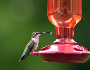 Obraz premium A hummingbird is perched on a colorful hummingbird feeder, ready to feed