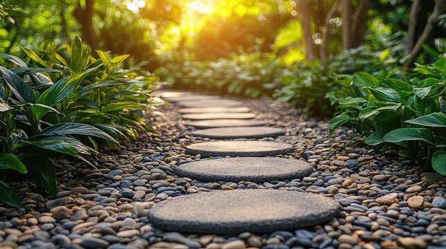 Pebble path through garden with stepping rhythm natural setting and relaxation tone perfect for landscape or wellness visuals