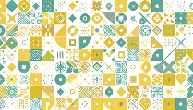 Geometric patchwork pattern in mustard yellow and teal on white, abstract mosaic tiles, repeating modern design