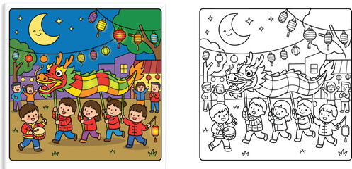 Fototapeta premium Chinese New Year Dragon Dance Parade Coloring Book Page for Kids, Cute Cartoon Children Celebrating Festival with Lanterns and Drum, Colorful and Outline Vector Set