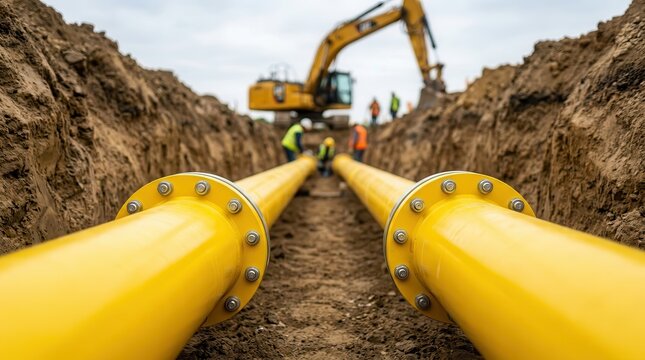 Yellow gas pipeline installed in a construction trench for natural gas infrastructure.