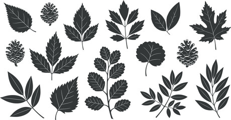Obraz premium Black silhouette collection of diverse leaves and pinecones isolated on transparent background vector illustration
