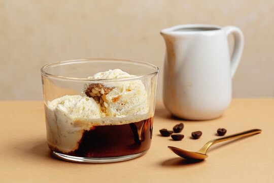 Affogato, or affogato al caff&egrave;, is an Italian ice cream dessert comprising a scoop of gelato, topped with espresso.