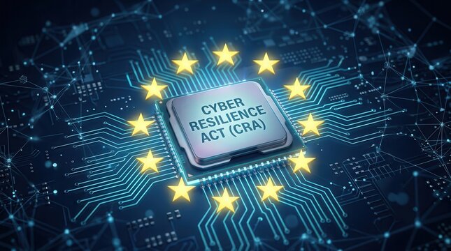 European Union Cyber Resilience Act (CRA) concept with processor chip and golden stars.