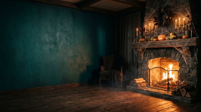 Cozy living room with halloween copy space background featuring fireplace with candles and glowing pumpkins halloween background fireplace interior