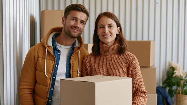 Young couple happily posing with moving boxes in a storage unit
