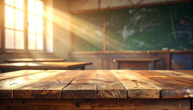 Empty classroom wooden desk in sunlight, sunbeams through window, chalkboard in background, vintage school atmosphere