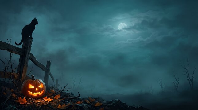 Minimalist halloween night scene featuring a carved jackolantern and sitting cat for halloween copy space background halloween background seasonal cemetery