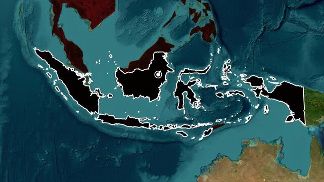 Indonesia Country Map Highlight Animation on Southeast Asia World Map.
Indonesia Political Map Location Reveal Motion Graphic.
Highlighted Indonesia Archipelago Map Animation.