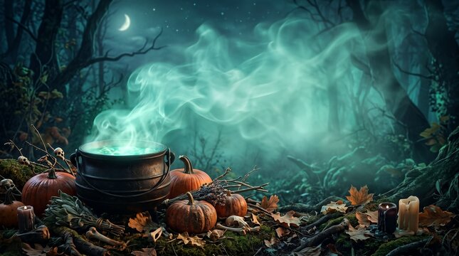 Witch cauldron with glowing green magic potion and pumpkins in an enchanted forest for halloween copy space background halloween background cauldron