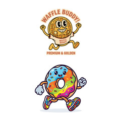 Fototapeta premium Colorful donut and waffle cartoon characters 