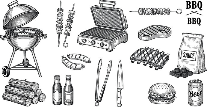 BBQ Grill and Picnic Party Hand Drawn Engraving Sketch Set with Steak Burger Ribs Sausages Skewers and Barbecue Equipment for Restaurant Menu DesignsBBQ Grill and Picnic Party Hand Drawn Engraving Ske