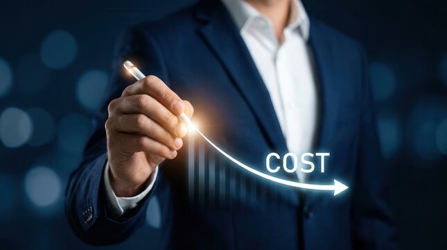 A businessman drawing a downward curve labeled COST over a bar chart for business cost reduction.