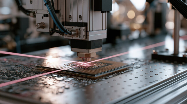 Photonic quantum computing chip probed under automated test equipment inside a semiconductor fabrication facility, golden-hour sunlight streaming through clerestory windows and