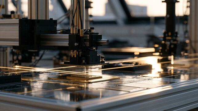 Photonic quantum computing chip probed under automated test equipment inside a semiconductor fabrication facility, golden-hour sunlight streaming through clerestory windows and