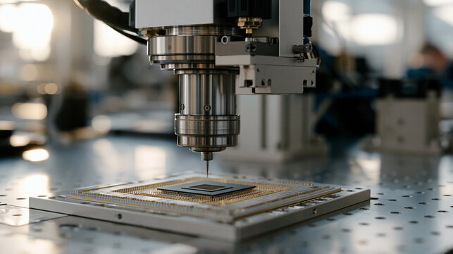 Photonic quantum computing chip probed under automated test equipment inside a semiconductor fabrication facility, golden-hour sunlight streaming through clerestory windows and