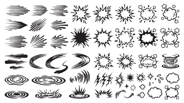 Black and white vector graphics, explosion effects, motion blur illustrations, dynamic graphic elements, 40 burst icons