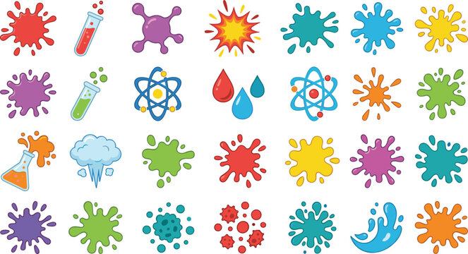 Hand drawn science and chemistry icons laboratory test tubes flasks atom models molecules vibrant paint splatters doodle vector set