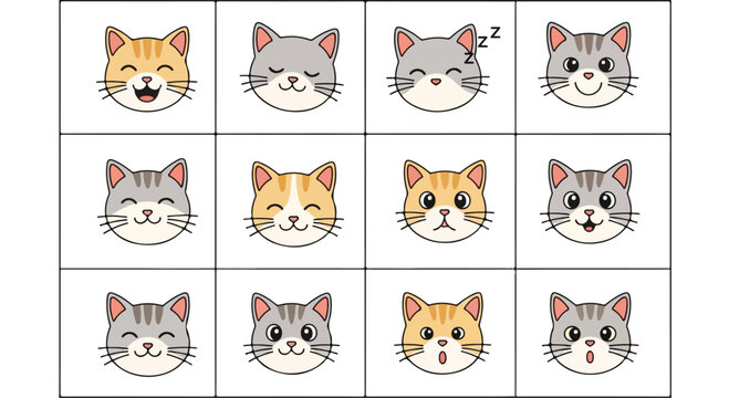 Collection of cute cartoon cat faces in various expressions and colors