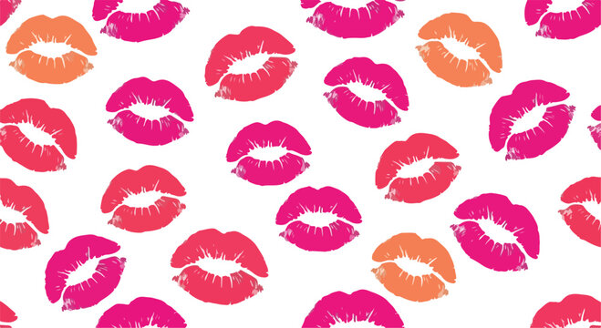 Vibrant colorful lipstick kiss marks pattern on white background