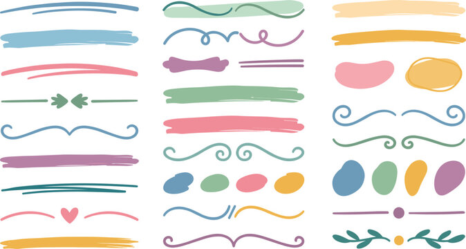 Hand drawn colorful text dividers brush strokes highlighter lines wavy borders abstract frames organic blobs sketch vector set