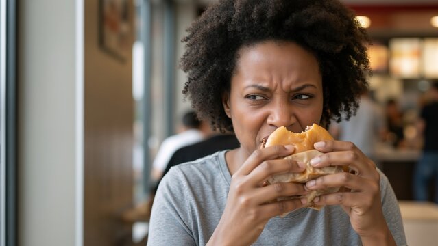 Black woman customer looking disgusted while eating bad burger in fast food restaurant, food quality issues and bad customer experience banner with copy space