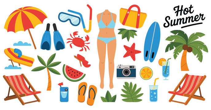 Flat vector illustration set hot summer beach elements surfboard umbrella swimsuit palm tree sunglasses cocktails flip flops tropical monstera leaves vacation design.