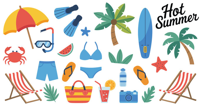 Flat vector illustration set hot summer beach elements surfboard umbrella swimsuit palm tree sunglasses cocktails flip flops tropical monstera leaves vacation design.