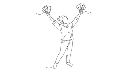 Obraz premium Continuous line drawing A person celebrating with two fans.