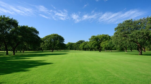 Lush green lawn under a bright blue sky with wispy clouds