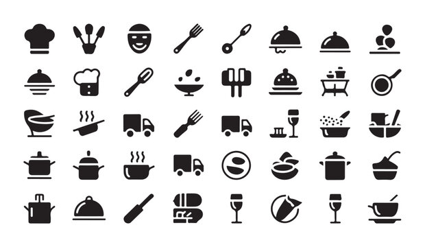 Set of food and cooking related icons in glyph style for web use.