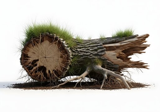 Fallen tree trunk with exposed roots and green grass growing on top. Forest decay and woodland ecosystem regeneration. Rotten timber log decaying isolated on a plain white background.