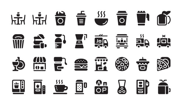 Various food and drink icons representing cafe equipment snacks and street food services.