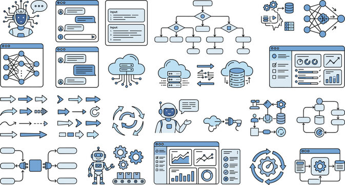 Artificial intelligence AI icons machine learning data analytics flowcharts chat bot neural networks automation workflow vector set