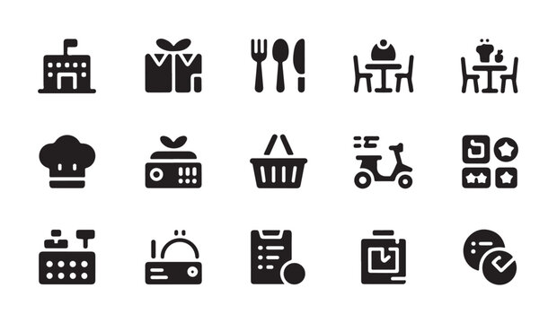 Restaurant and food delivery service black and white icons set vector illustration.