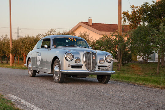 Vintage Lancia Aurelia B20 GT 2500 berlinetta Pinin Farina (1954) in the Mille Miglia classic car race, on June 19, 2025 in Cesena, FC, Italy