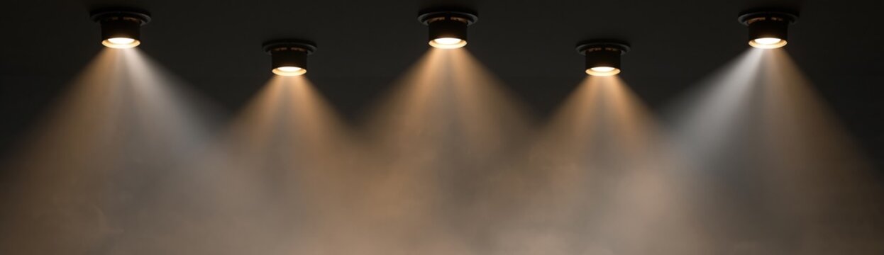 Stage spotlights shining from ceiling in dark studio