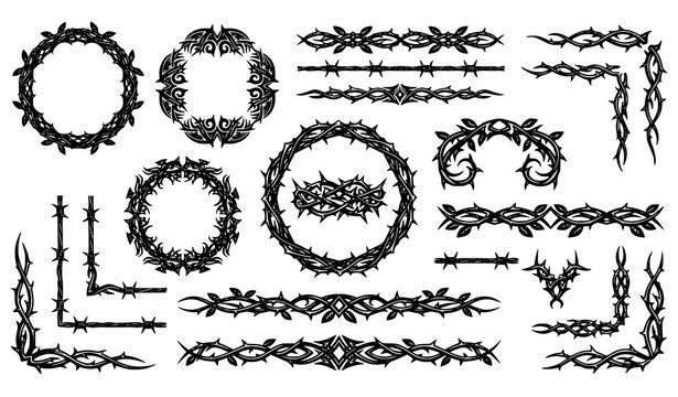 Barbed Wire Border Decorative Vector Set for Rustic Frame and Security Design