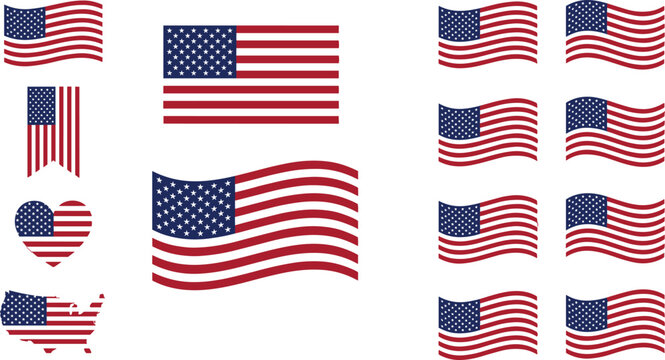 Vector set of American flag icons featuring a heart shape United States map silhouette vertical hanging pennant and multiple waving layouts